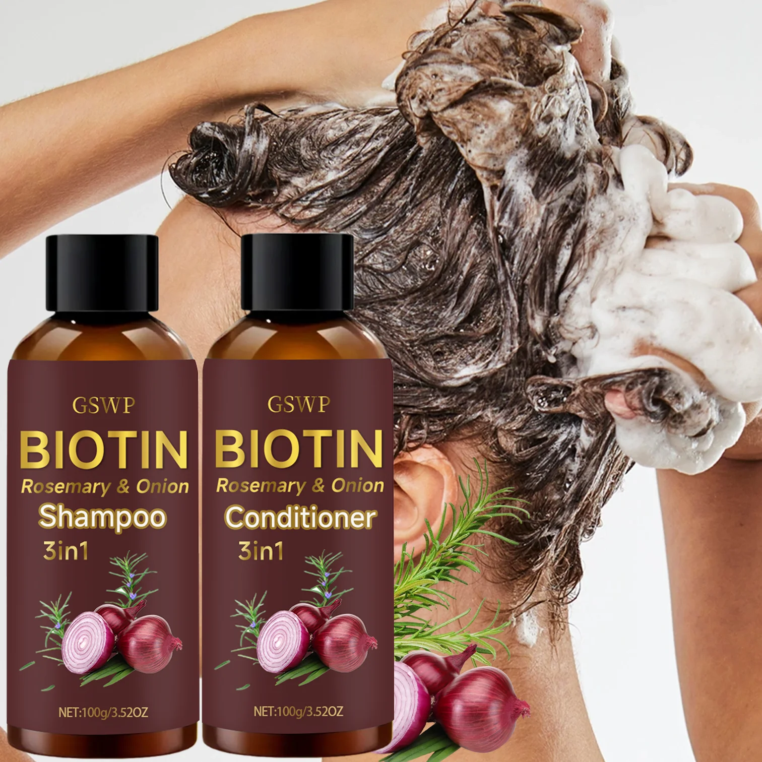Conjunto de Shampoo e Condicionador 3 em 1 de Alecrim e Cebola GSWP, Contendo Glicerina e Alecrim, Com Espuma Rica. 100g+100g