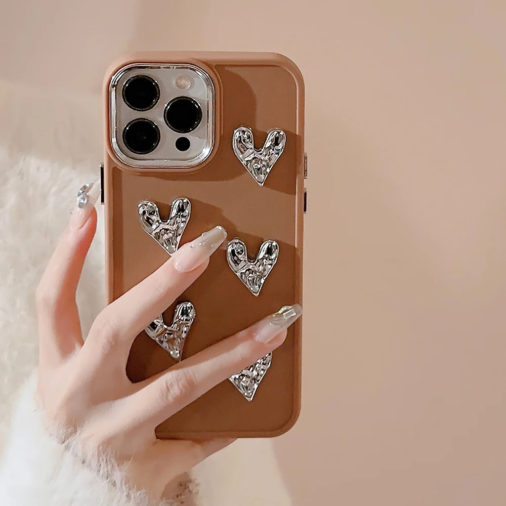 Luxury 3D Silver Love Heart Silicone Phone Case For iPhone 14 Pro Max Plus 11 12 13 Promax 12Pro XSMax XR Soft Cover Funda Women