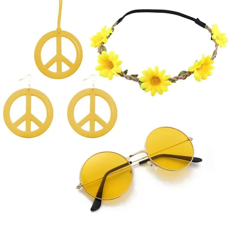 1pcs Costume Set Includes Peace Sign Necklace and Earrings, Flower Crown Headband and Hippie Sunglasses 70s Accessories