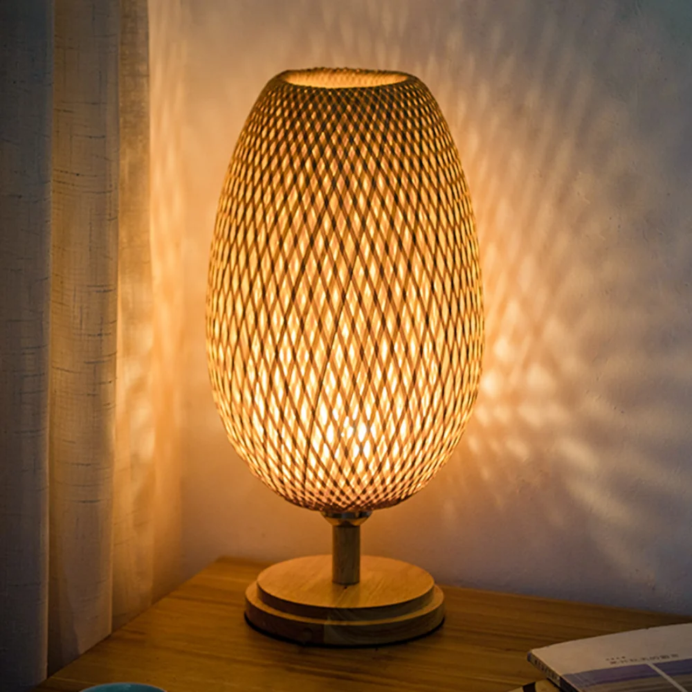 Modern Hand Knitted Weaving Bamboo Table Lamp Bedroom Bedside Lamp Wood Rattan Lampshade Room Home Decor Art Desk Light