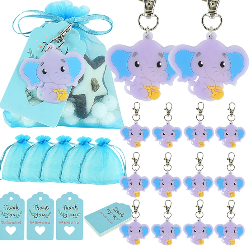 10Sets Blue Pink Elephant Keychain Baby Shower Souvenirs Gifts Bags With Thank You Tag Label For Guest Kids Birthday Party Decor