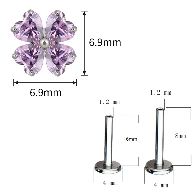 G23 Titanium EAR PIERC with 4 Heart Zircon Top Cartilage Tragus Earrings Ear Lip Helix Studs Tongue Threaded Piercing Jewelry