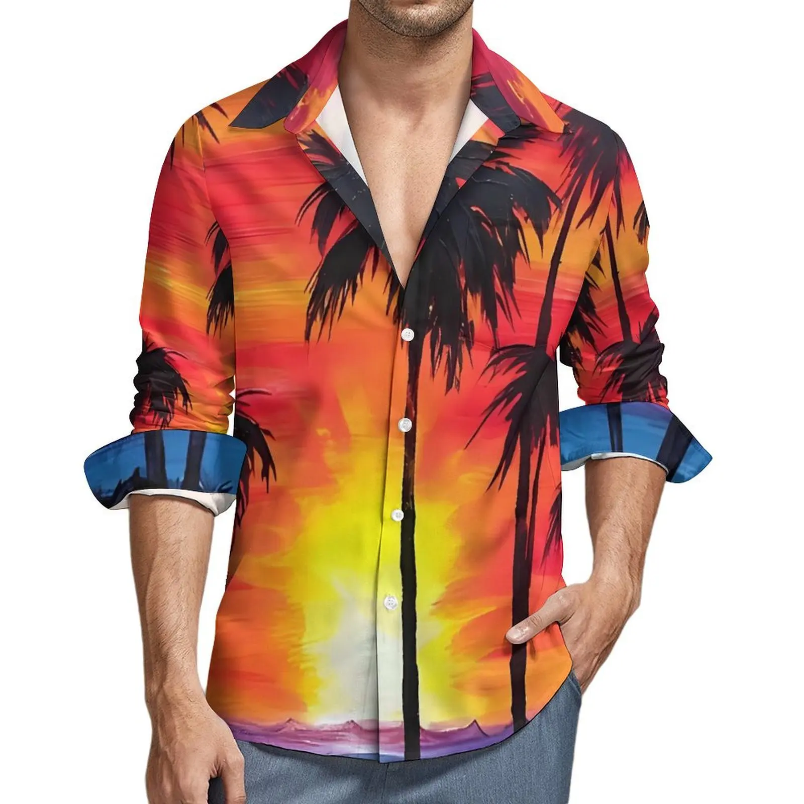 

Sunset Palm Trees Art Blouse Men Shirt Long Sleeve Classic Stylish Casual Shirts Autumn Graphic Clothes Plus Size