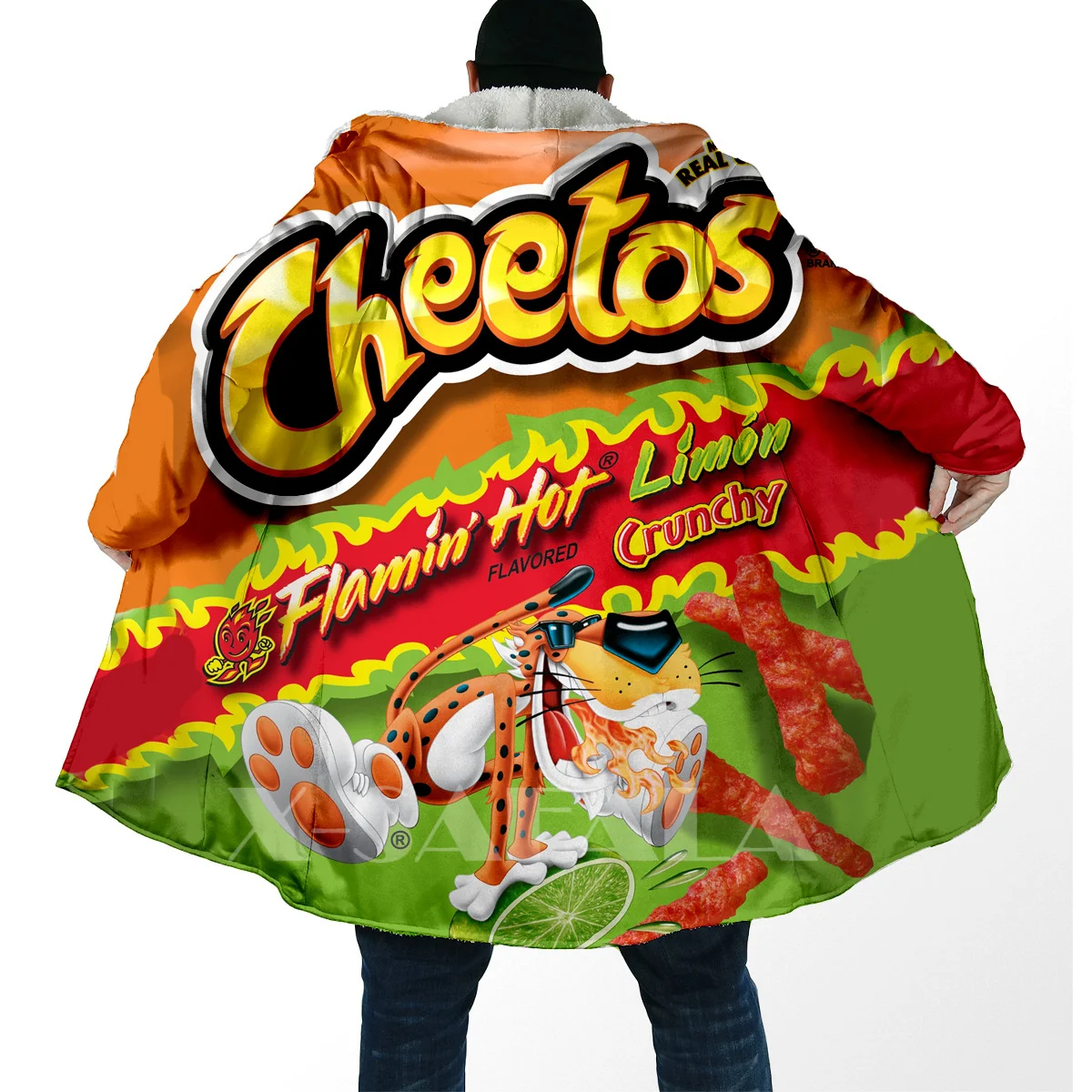 Funny Food Snack Cheetos All Over 3D Printed Thick Warm Overcoat Coat Hooded Cloak for Men Windproof Fleece Unisex Casual-3