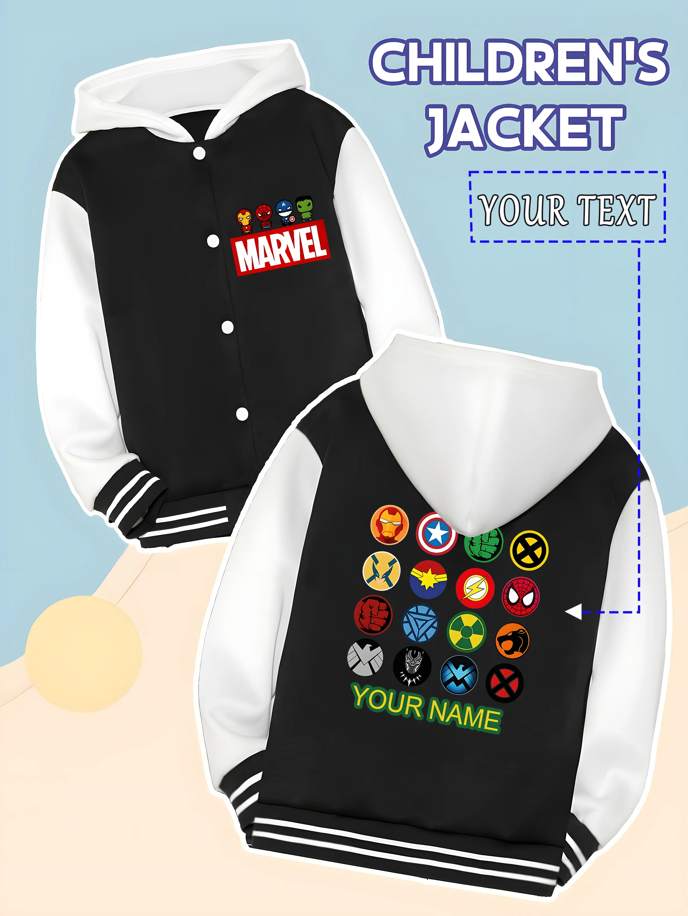 

MINISO Marvel Boys Baseball Jacket - Avengers logo collection print, covering classic heroes, super hot to wear at theme parties