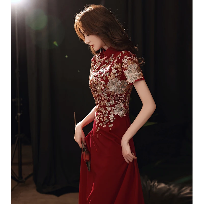 

Красное свадебное платье с вышивкой для помолвочных вечеринок, в китайском стиле, традиционное женское.