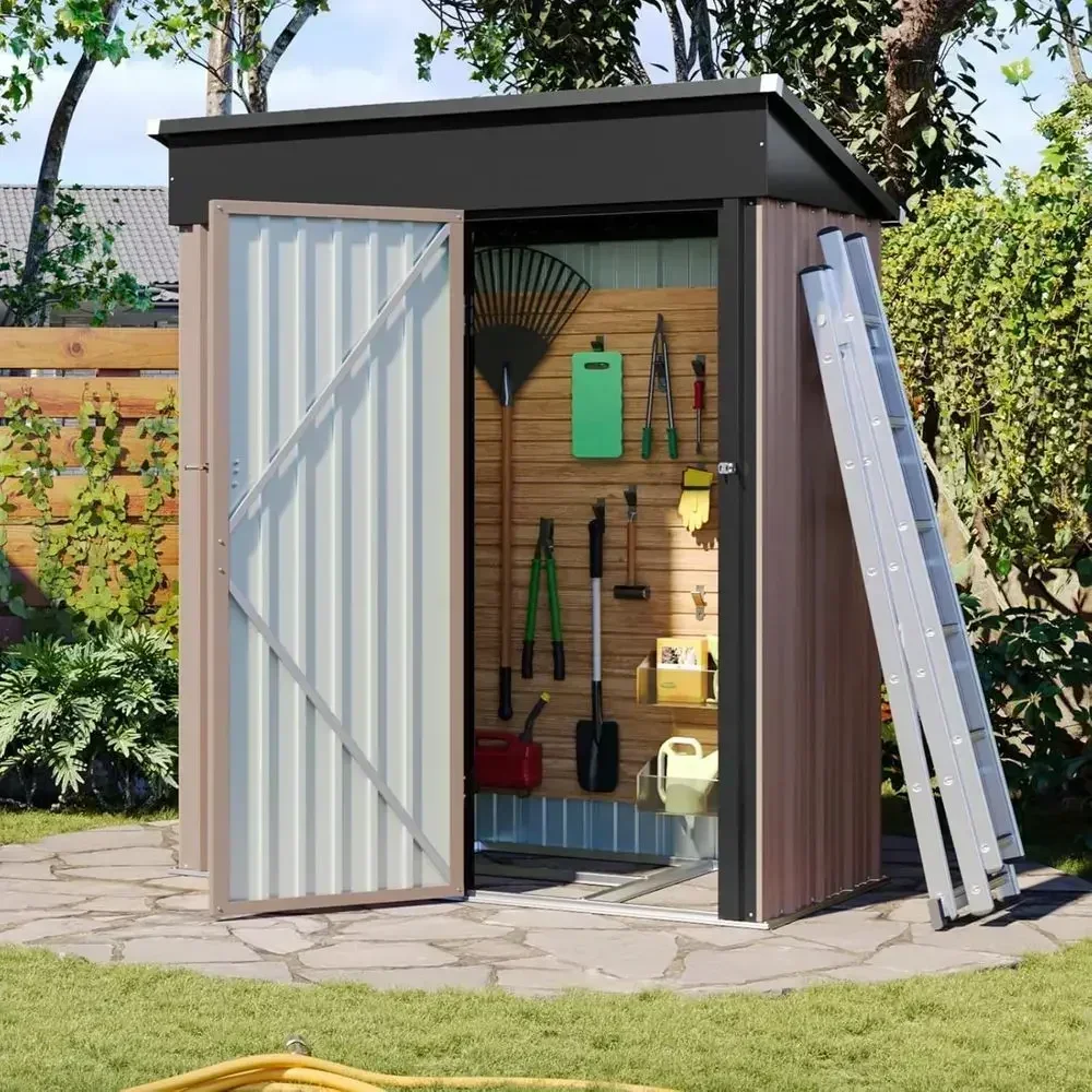 5ft x 2.9ft Outdoor Storage Shed with Base, Lockable Door, and Sloping Roof - Brown Metal Garden Tool Shed for Backyard, Patio,