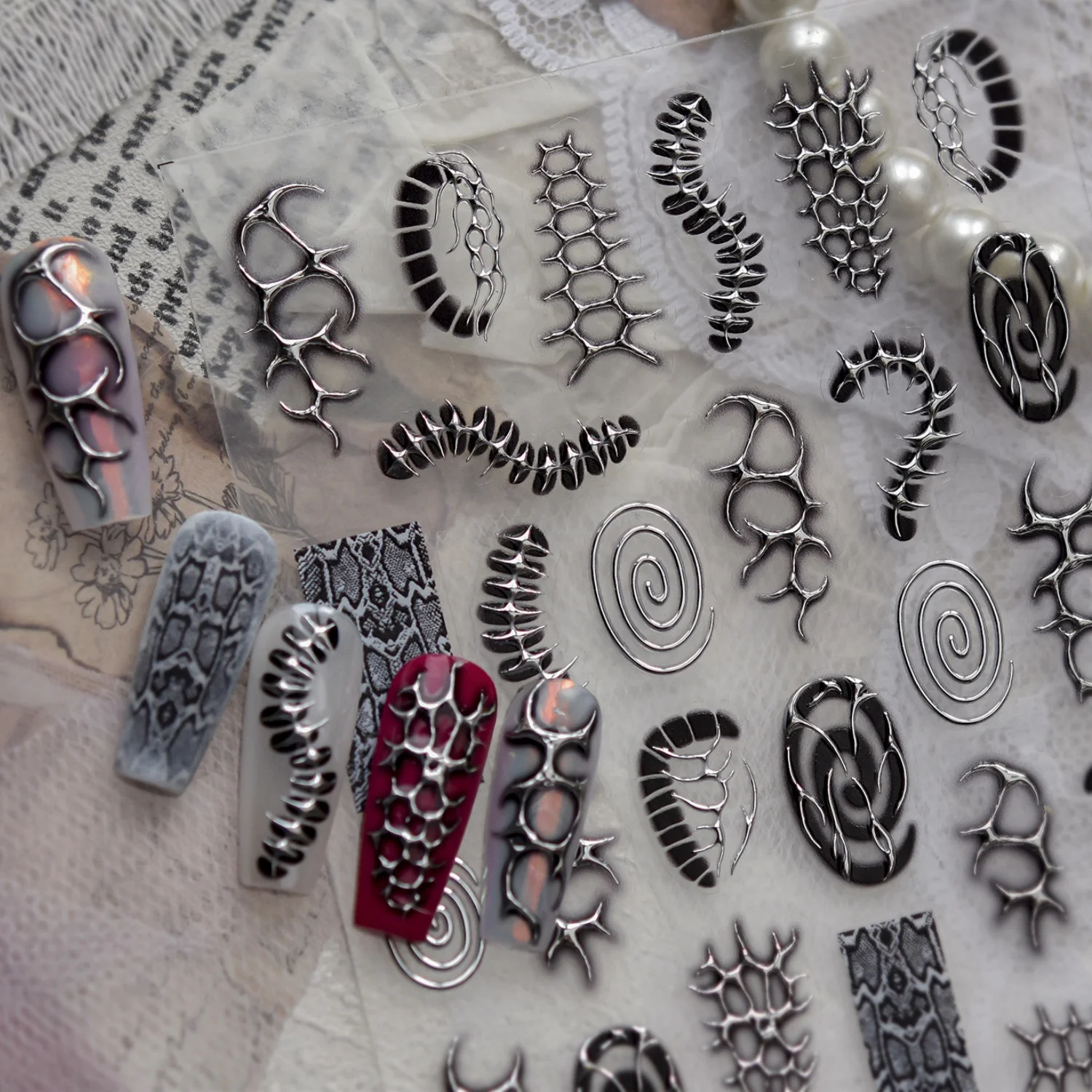 5D Dark Gothic Nail Sticker Metal Bone Snake Pattern Thorn Line Silver Outline Black Shadow Spiral Nail Decal Punk Cool Manicur view 2