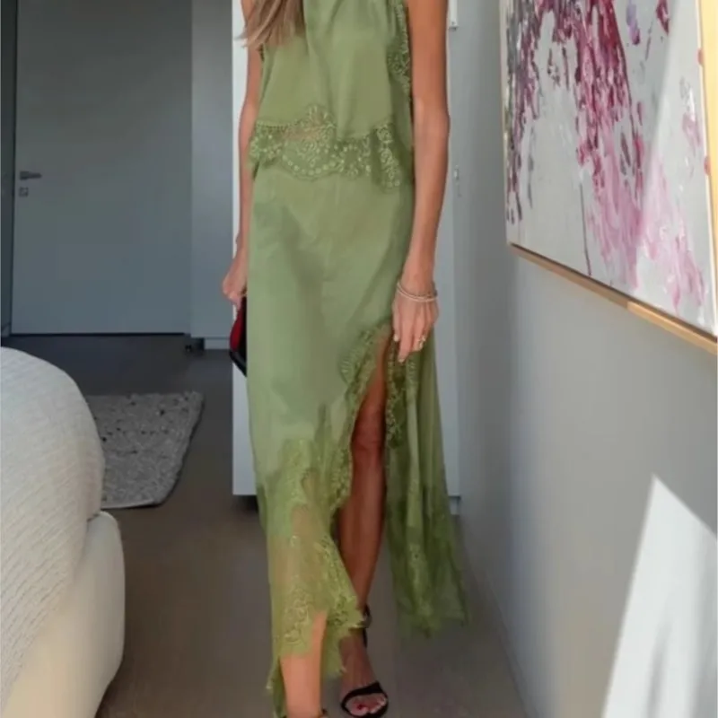 

Модный топ без рукавов с круглым вырезом и длинная юбка, костюм для женщин, сексуальные кружевные лоскутные однотонные наряды для вечеринок, элегантные свободные комплекты из 2 предметов
