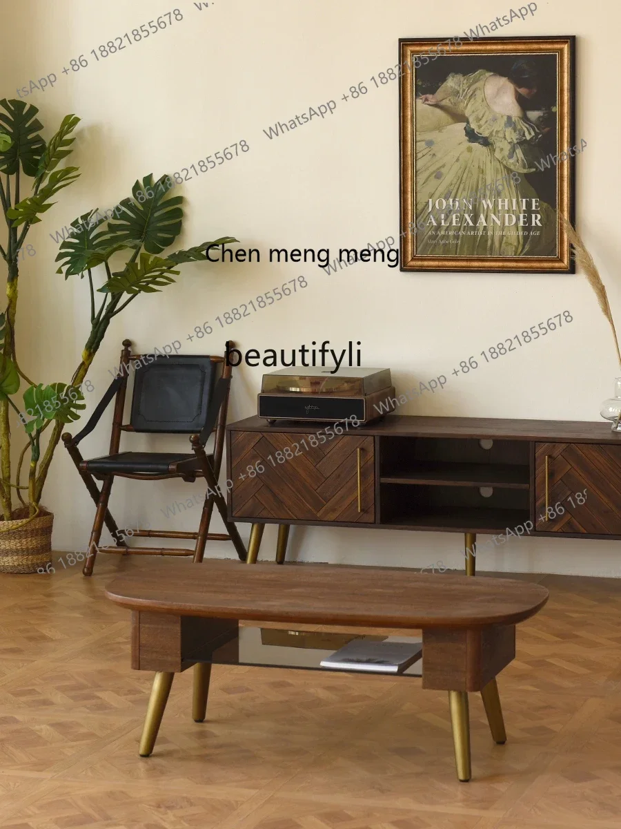 Solid wood coffee table retro living room walnut color Nordic TV cabinet combination glass tea table