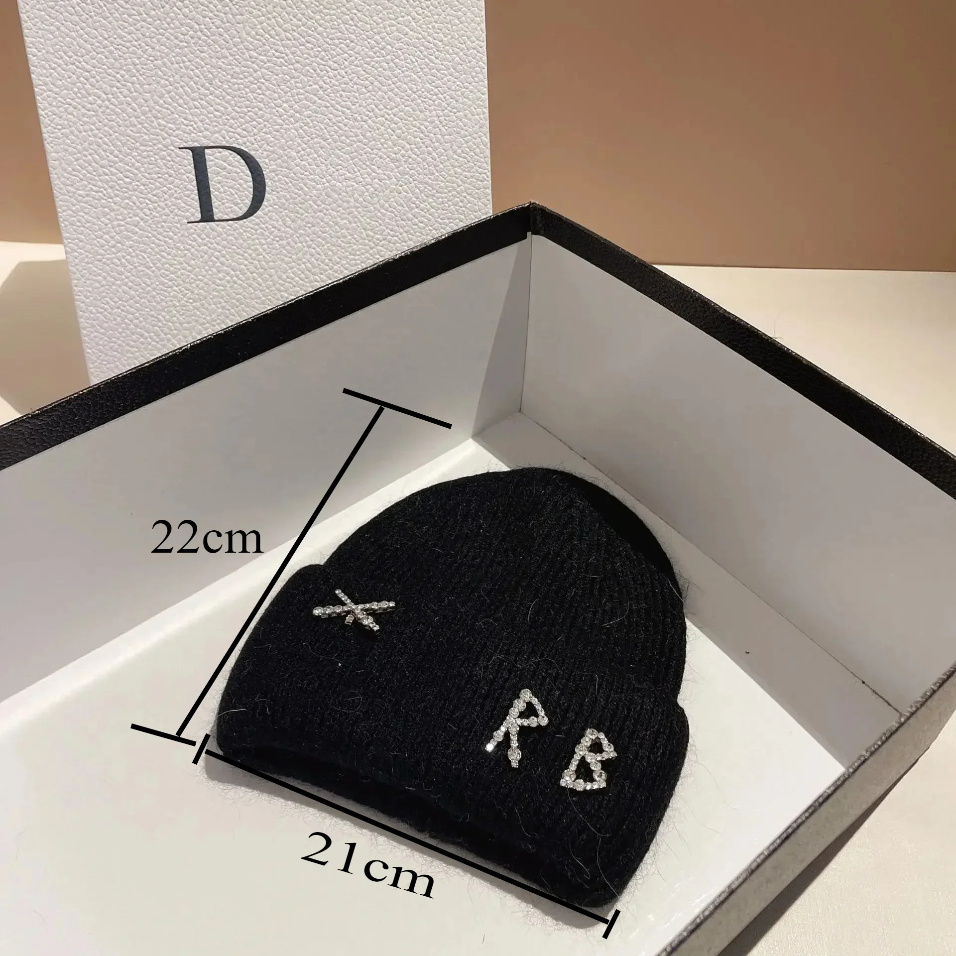 Real Rabbit Fur Diamonds Letter Beanies Hats for Women Winter Warm Knitted Hat F Lady Casual Bonnet Skiing Cap