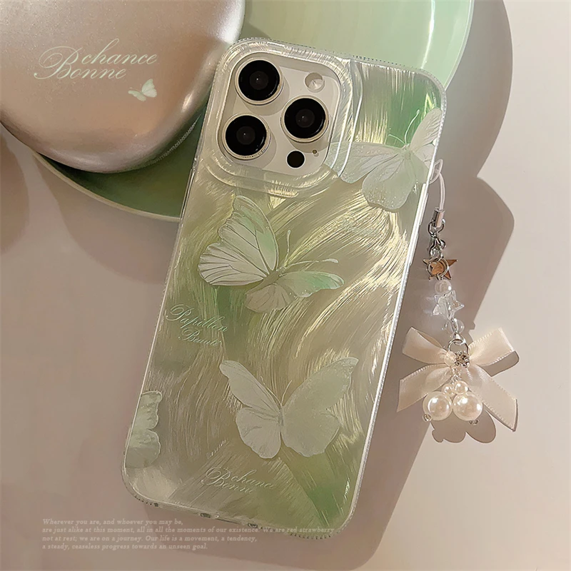 Green Feather Gauze Halo Dyed Butterfly Phone Case for Iphone 15 14 13 Pro Max Art Simplicity Phone Covers Laser Back Case Funda