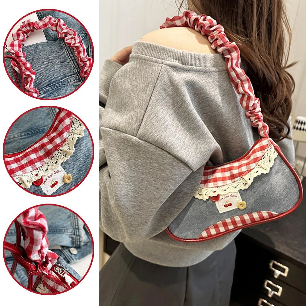 All-match Sweet French Stick Handbag Large Capacity Lace Ribbon Cloth Denim Blue Bow Plaid Crossbody Single-shoulder Bag 2026