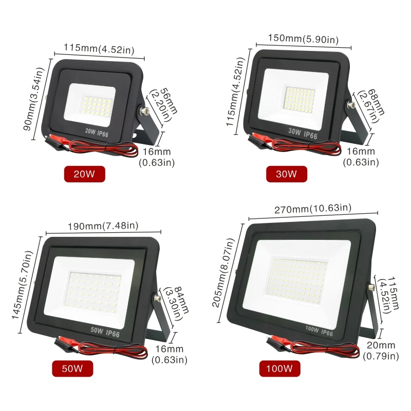 DC12V Led Flood Light 20W 30W 50W 100W Outdoor Floodlight Spotlight IP66 Waterproof Light Reflector Portable 12 Volt Led Lights