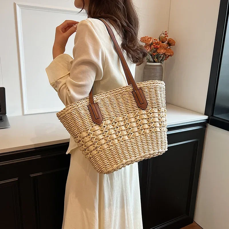 

Summer Straw Bags for Women Straw Shoulder Bags Rattan Woven Top Handle Bag Hollow Raffia Crochet Beach Bag Casual Handbags