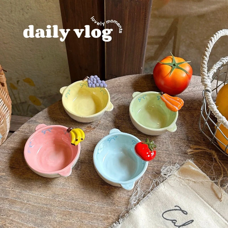 Dopamine Fruit Ceramic Double Ear Small Bowl, Cute Dessert Salad Bowl, Dipping Dish, Table Decoration, Holiday Gift