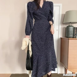 Chic Korean Clothes Design Women Long Sleeve Elegant Lady Floral Printed Flower Retro Vintage Long Lace-Up One-Piece Dress