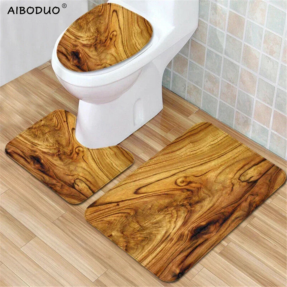 Toilet Mats 3 Piece Wood Texture Board Bathroom Accessories Set Entrance Door Pads Non-slip Carpet Bathtub Wc Floor Rug 40x60 Cm