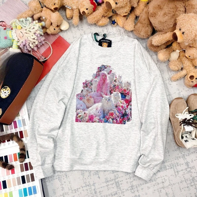 Korean Fashion Hoodies Loose Characters Cartoon Cat Nail Diamond Printing Age Reduction Versatile Long-sleeved Sweatshirts Women