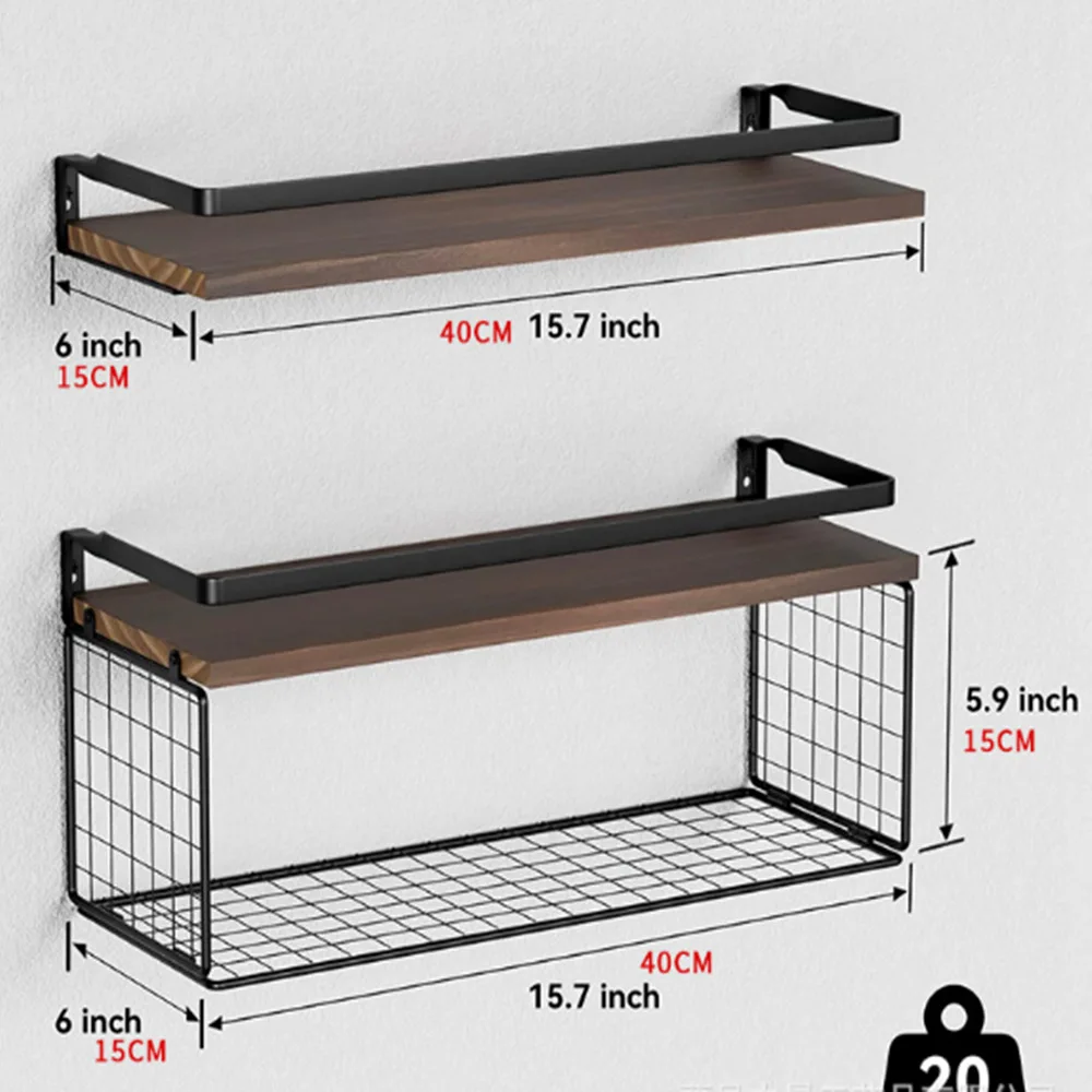 Double Layer Bathroom Rack Wall-Mounted Floating Shelf with Storage Basket Wooden Shelf Metal Bracket Storage Shelf Shelves