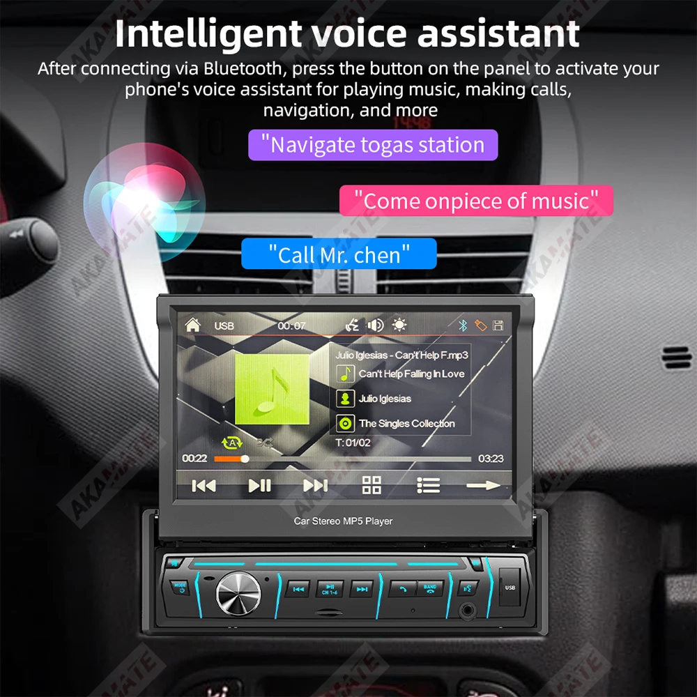 7インチカーラジオ格納式スクリーン容量性ミラーリンクBluetooth音声アシスタントFM 1Dinユニバーサルオートラジオマルチメディアプレーヤー