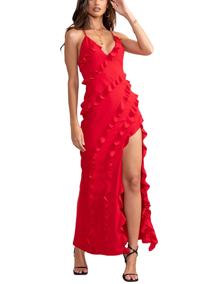 2024 Dameskleding Streetwear Damesjurken, Mouwloze Rugloze Effen Kleur Casual Feest Zomer Lente Lange Jurk Met Ruches