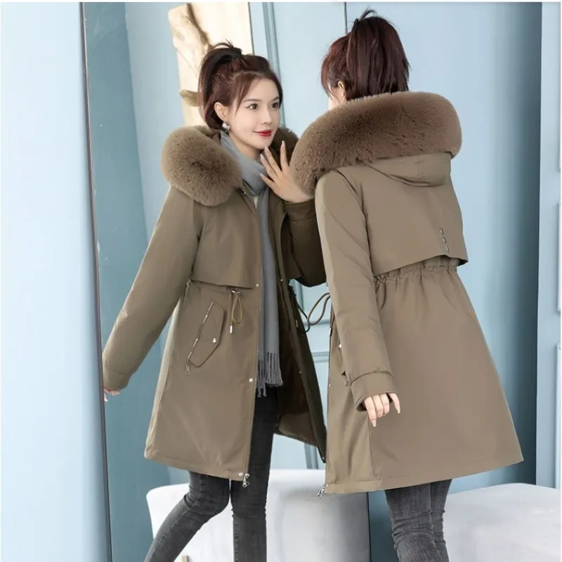 

Fashion New Winter Plush Thickened Style Coat Women's Mid Length Warm Cotton Jacket Large Wool Collar Over-Size Hooded Overcoat