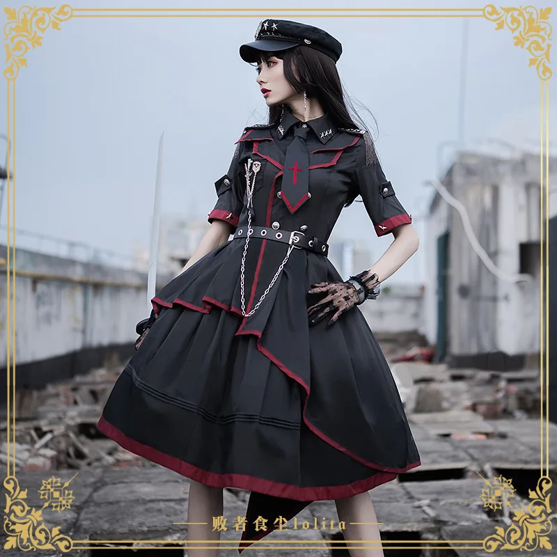 

Military-style Lolita dress three-piece set, black long-sleeved polyester Lolita dress set