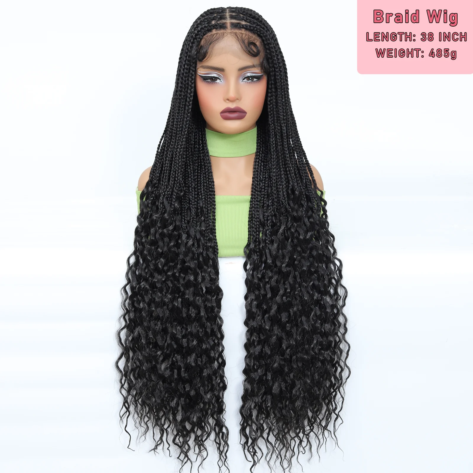 38Inch Full Lace Knotless Braided Wigs Synthetic Box Braid Wig with Curly Ends for Women Lace Frontal Brais Wigs with Baby Hair