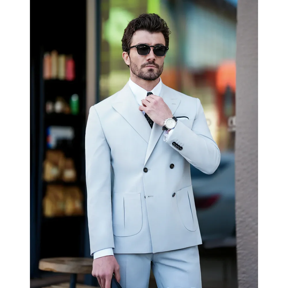 High-end 3 Pockets Men Suits 2 Piece Fashion Business Casual Slim Men Clothing Double Breasted Peak Lapel Wedding Tuxedo