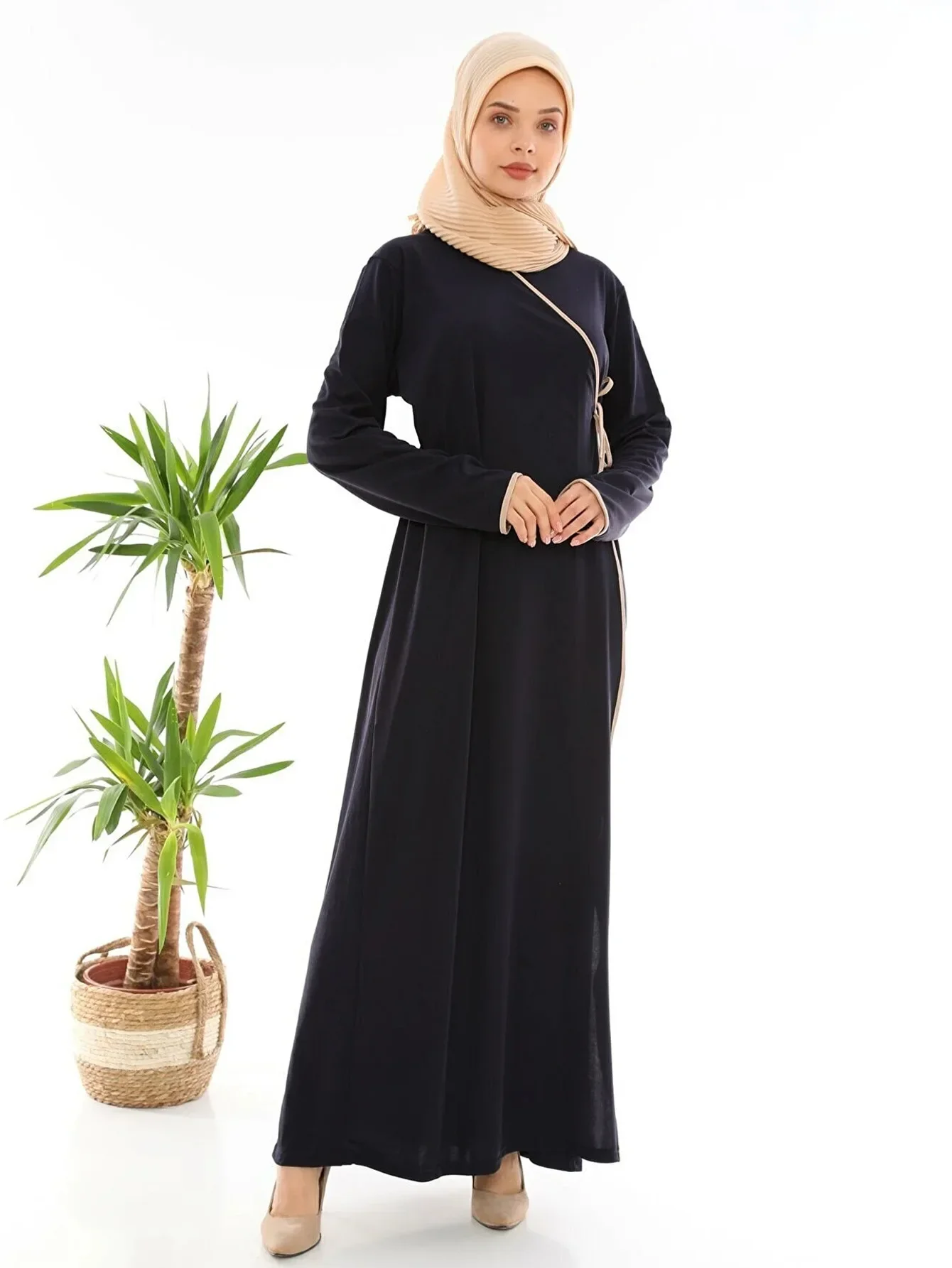 Muslim Long Sleeve Dress Prayer Clothes Women's Solid Color Lace Up Muslim Dress Robe Comfortable Breathable Muslim Costume