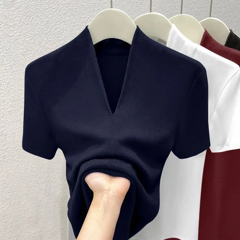 Sommer 2025, NEUE Sexy V-ausschnitt Dünnes T-shirt Frauen Baumwolle Elastische Grundlegende Feste Weibliche Casual Tops Kurzarm Dünne T-shirts – Detail 11
