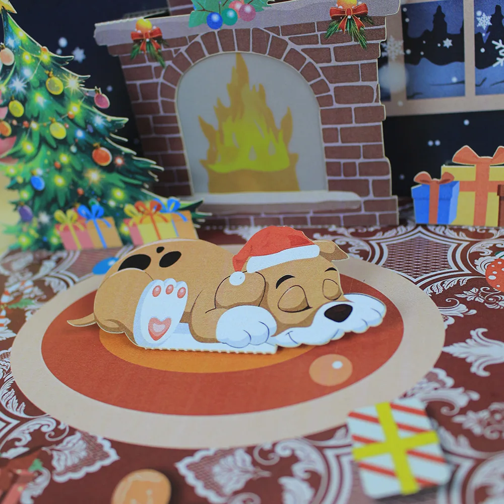 1PC Christmas Blessings Music Lights Projection Elderly Fireplace 3D Stereoscopic Greeting Card Paper Sculpture New Year Card