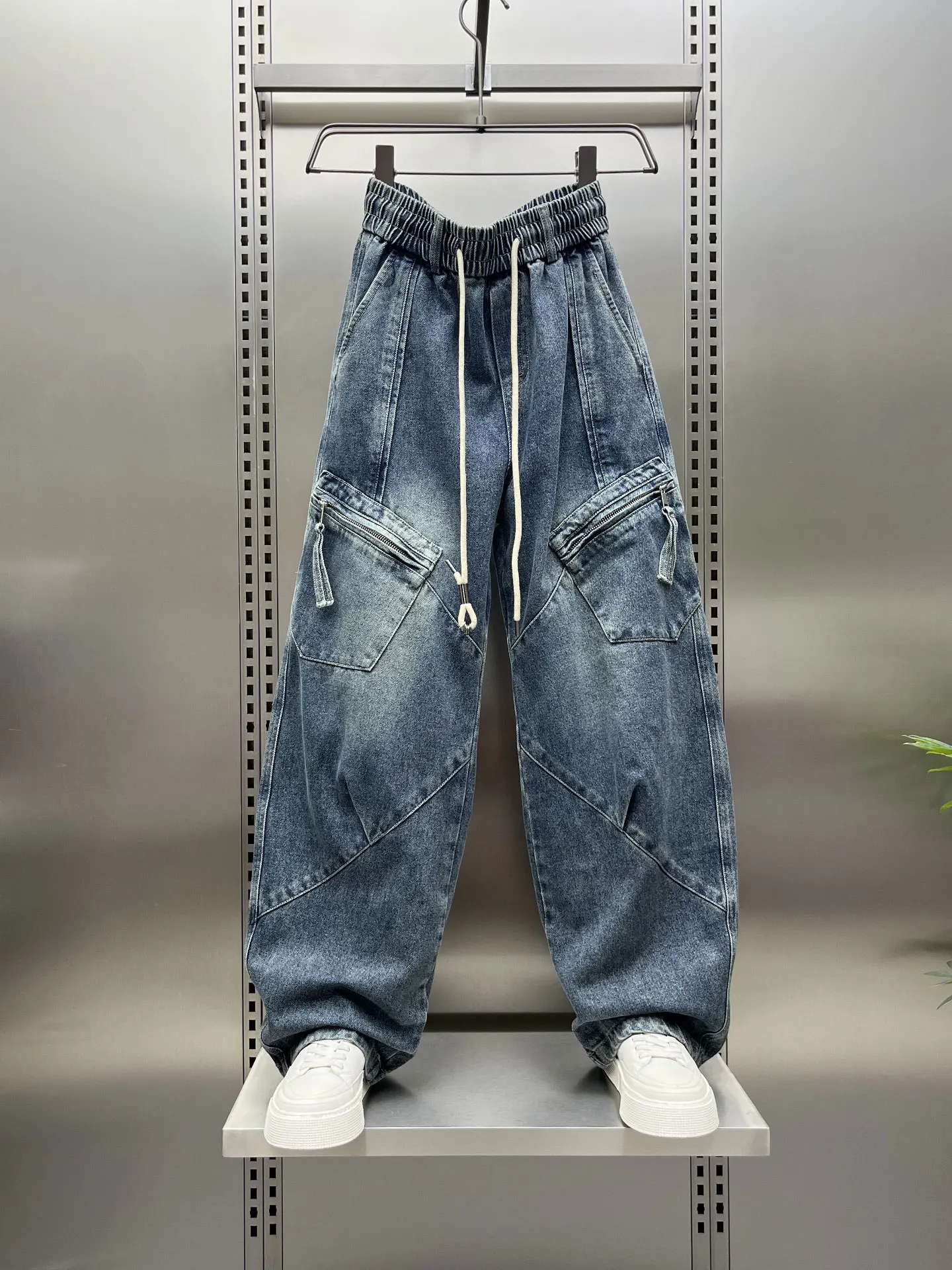 

Retro American Washed Workwear Jeans Men's Loose Patchwork Design Straight Leg Wide Leg Pants Casual mid Waist Trousers