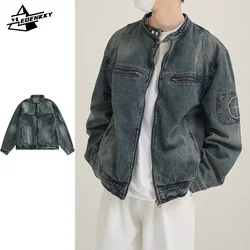 Vintage Denim Jacket Men Women American Loose Stand-up Collar Tops High Street Distressed Zip-up Coats Male Cargo Denim Jacket