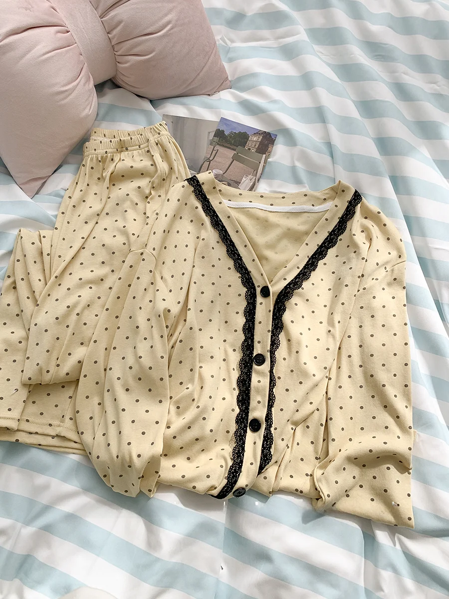 

Женский домашний кардиган с кружевной отделкой, длинными рукавами и V-образным вырезом, цвет хаки, в горошек, весна-осень