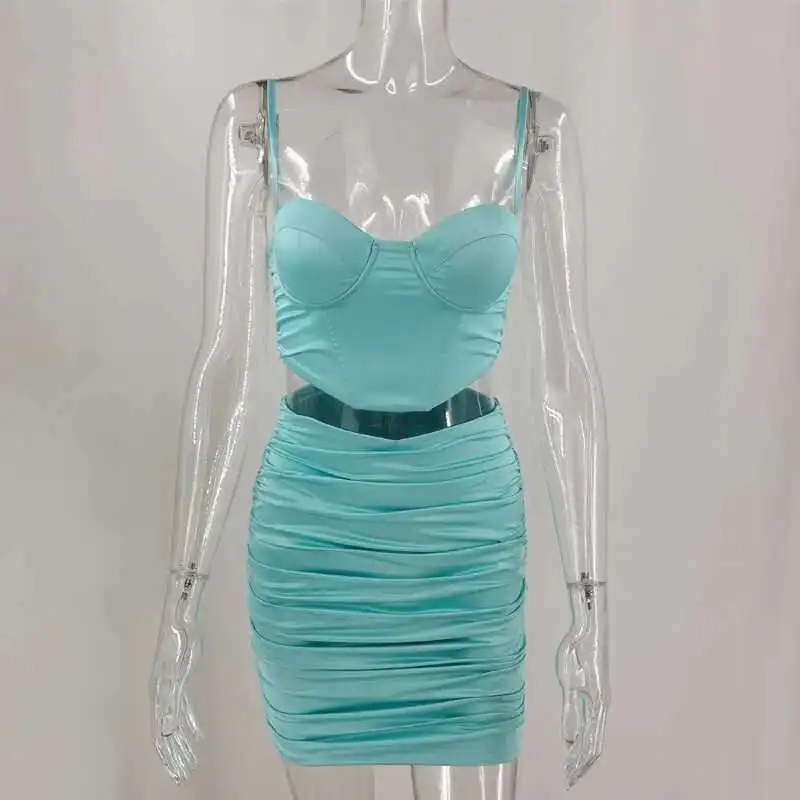 Giyu-Conjunto de dos piezas de satén para fiesta y Club, Top corto con tirantes finos y espalda descubierta, minifaldas, conjunto Sexy de 2 piezas para verano, trajes para mujer
