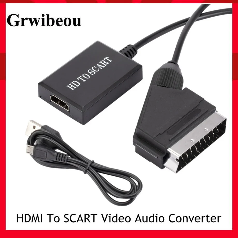 Portable HD 1080P HDMI Input To SCART Output Video Audio Converter Adapter For HDTV DVD For Sky Box STB Plug and Play DC Cables