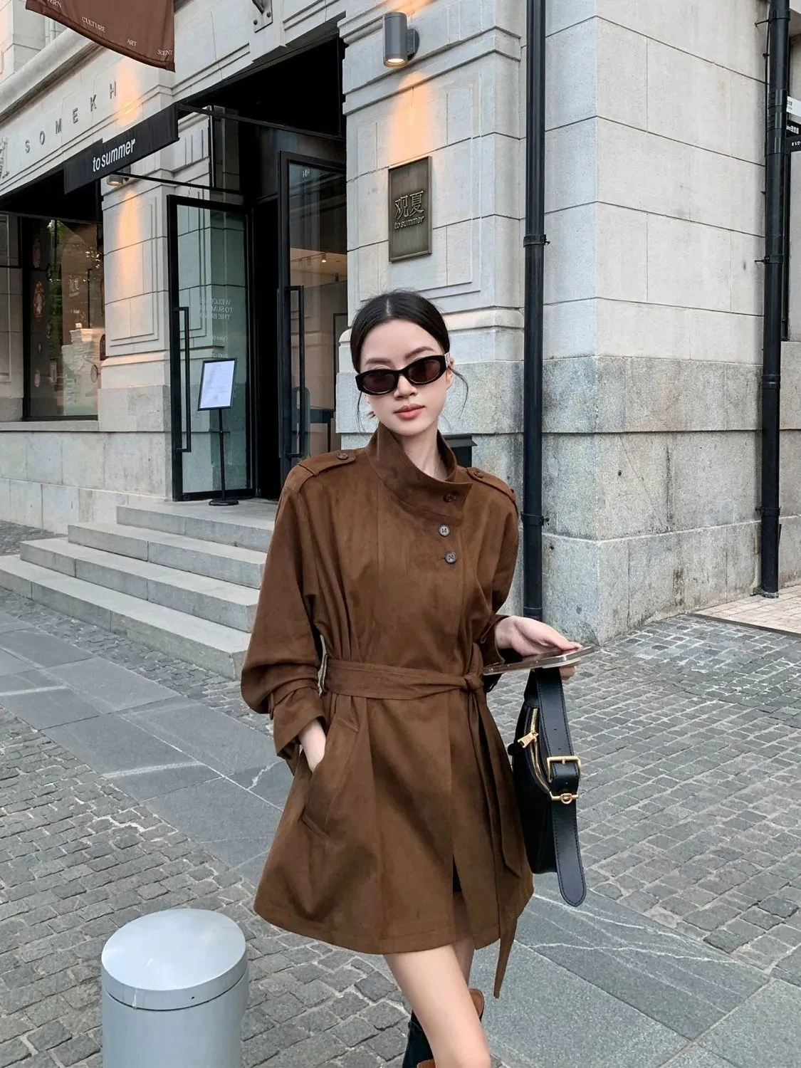 

Retro Maillard Collar Suede Trench Coat For Women Spring Autumn 2025 Trendy Slim Fit Stylish Temperament Outerwear w1575