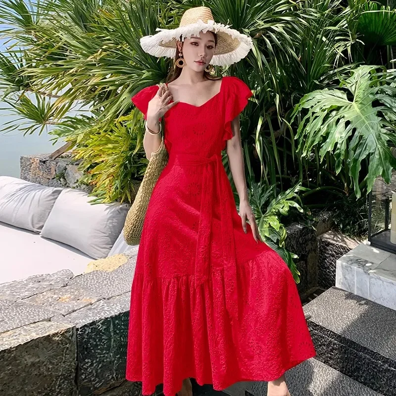 Boho Style Hollowed Out Embroidery Hook Flower Dress Retro Ruffled Flying Sleeve Seaside Loose Holiday Dress Long Summer Dress