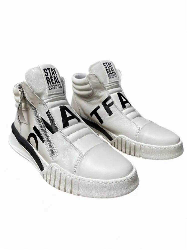 Spring Summer Casual Mens Vintage Design Sneakers Flat Platform High Top Shoes Mens Breathable Lace Up Genuine Leather Shoes
