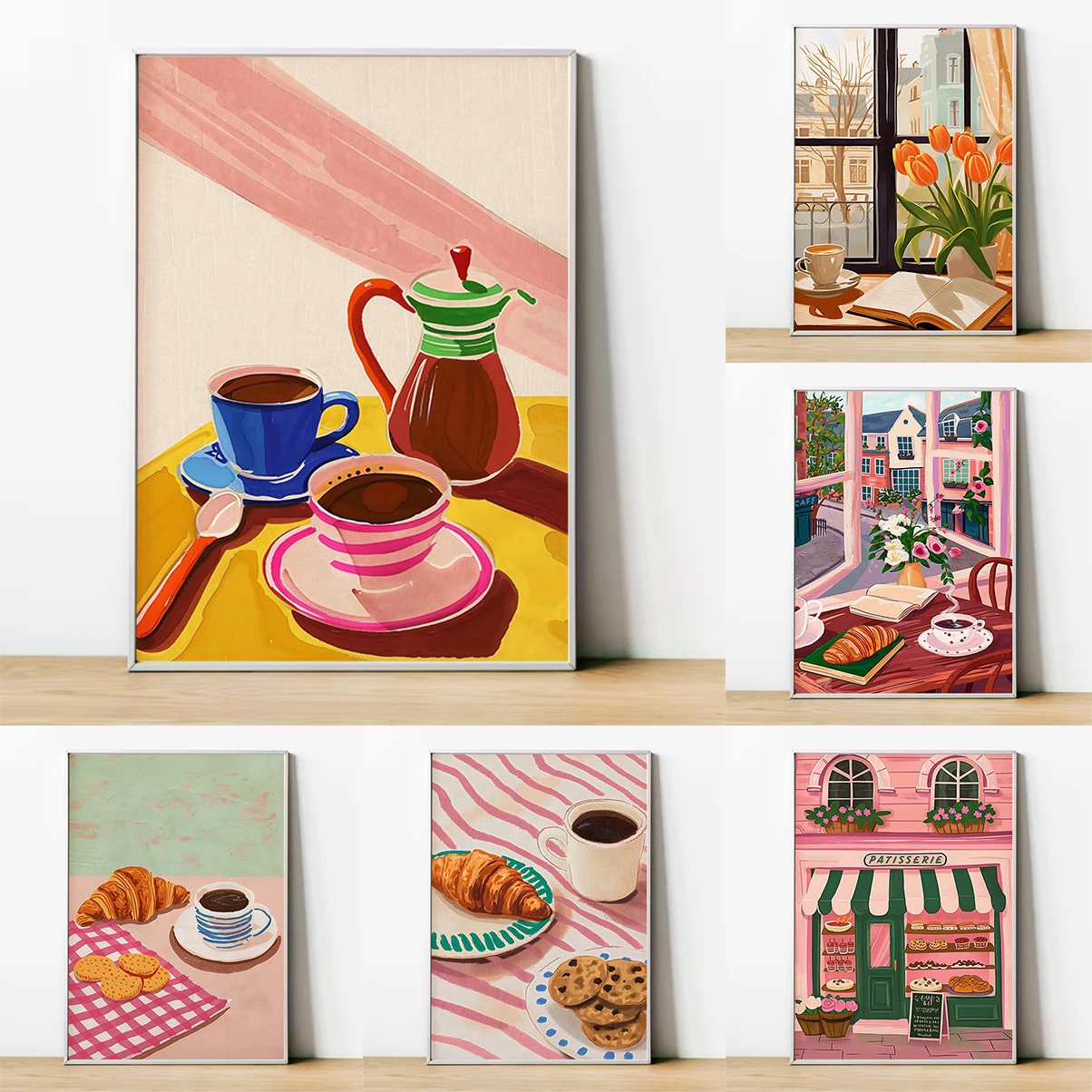 Plakaty z ilustracjami kawiarni, piekarni miejskiej, z croissantami i ciasteczkami, obrazy na płótnie, dekoracje ścienne do kuchni i domu.