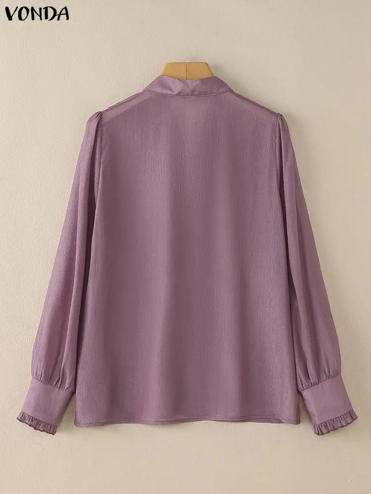 فوندا بلوزة أنيقة الصلبة المرأة طويلة الأكمام ضمادة القوس طوق مكتب موضة قميص للسيدات تكدرت الشارع الشهير Blusas الإناث #5