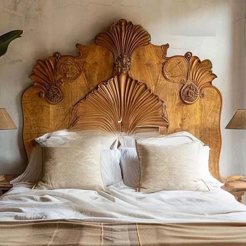 French court style carved bed medium ancient wood color solid wood bed master bedroom double bed can be customized