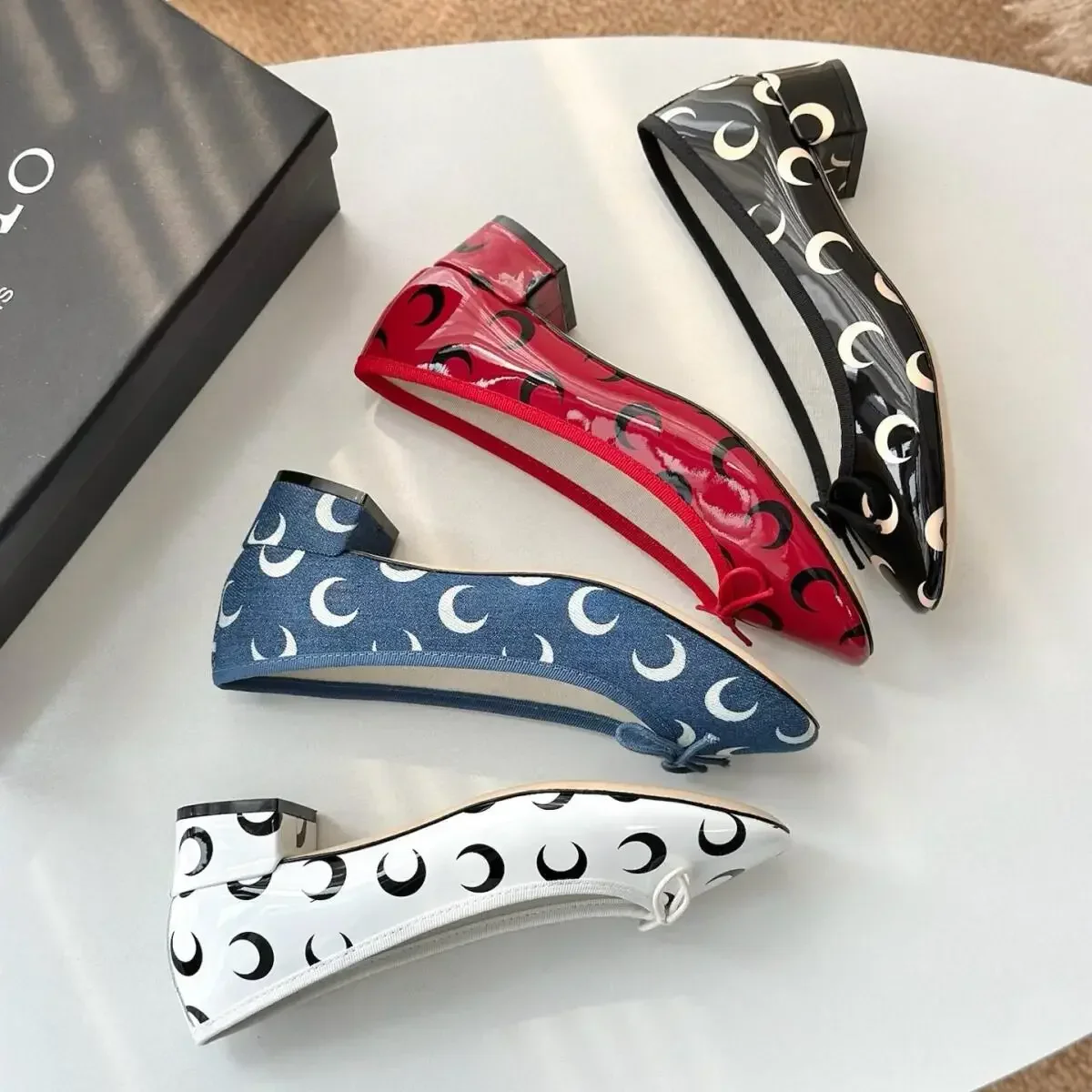 Moon Print Round Toe Ballet Flats Women Color Blocked Shallow Mouth Flat Bottom Bow Design Elegant Daily Casual Single Shoes
