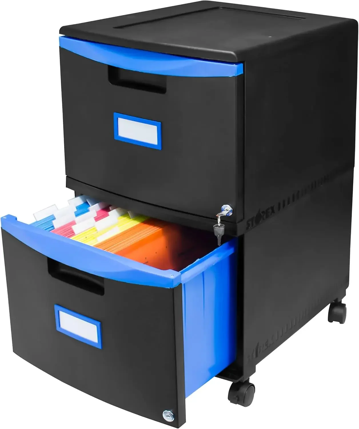 

Storex Plastic Two-Drawer File Cabinet – Locking Document Organizer with Casters for Home and Office, Black, 1-Pack