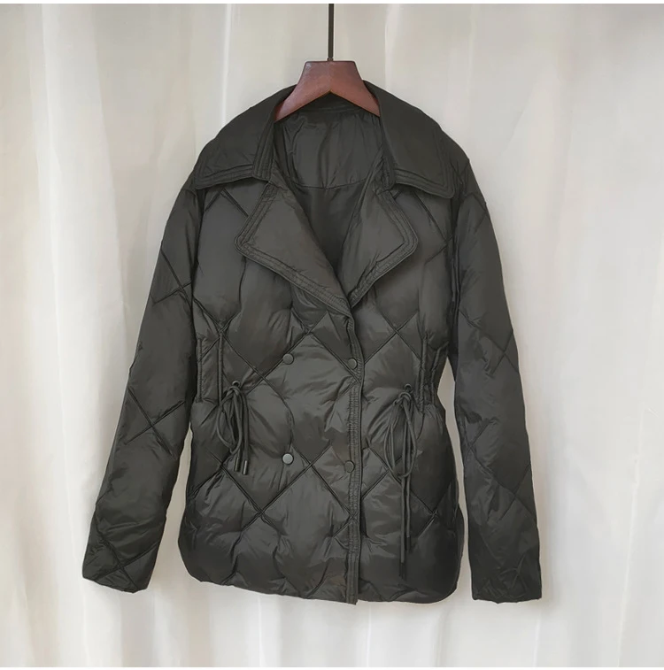 Schinteon Women White Duck Down Double Breasted Jacket Argyle Autumn Winter Outwear Office Lady Turn-down Collar Slim Coat 2026