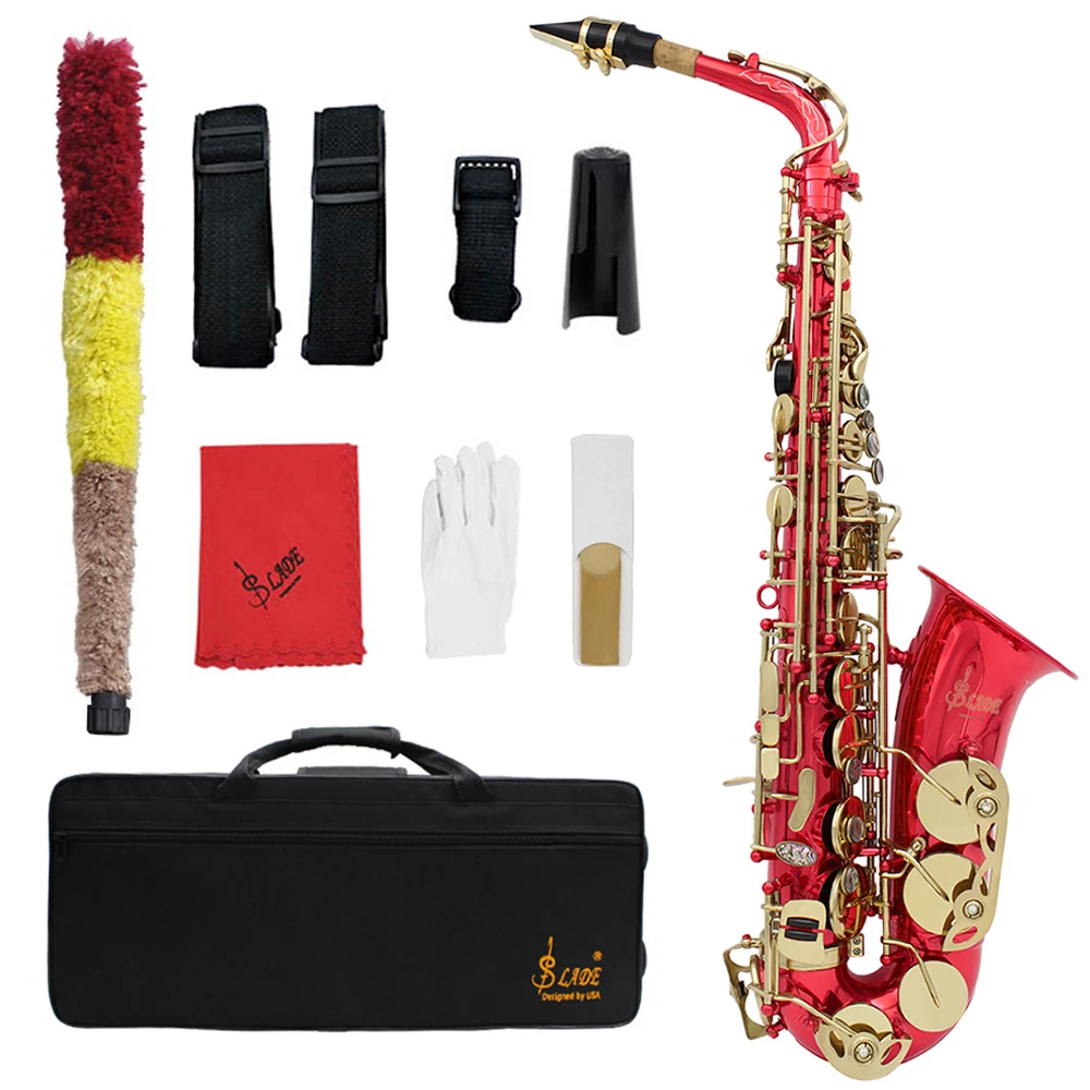 

Альт-саксофон SLADE, латунный корпус, саксофон, красный Eb-саксофон, профессиональный деревянный духовой инструмент с футляром, язычки, перчатки, детали, аксессуары