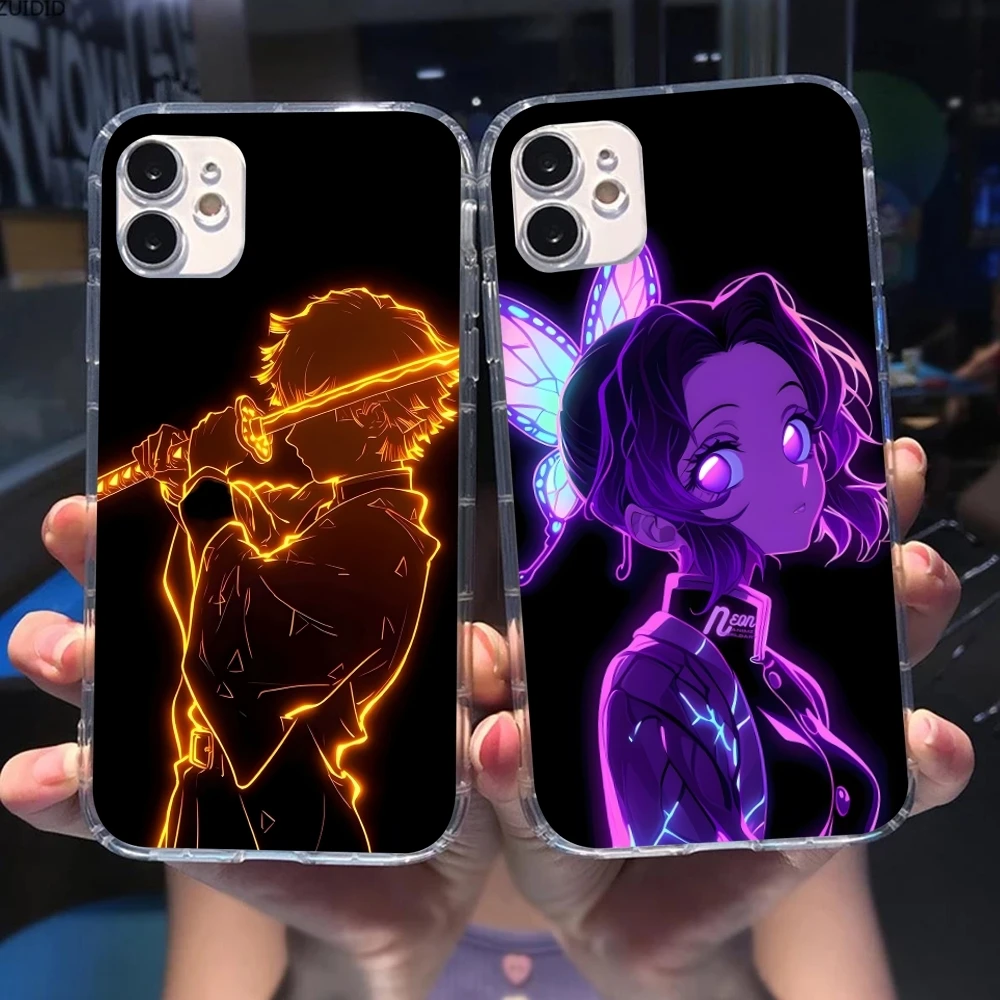 Demon Slayer Colored Neon Cell Phone Case for iPhone 16 15 14 13 12 11 X XR XS 8 Pro Max Plus Mini Clear Transparent Cover Shell