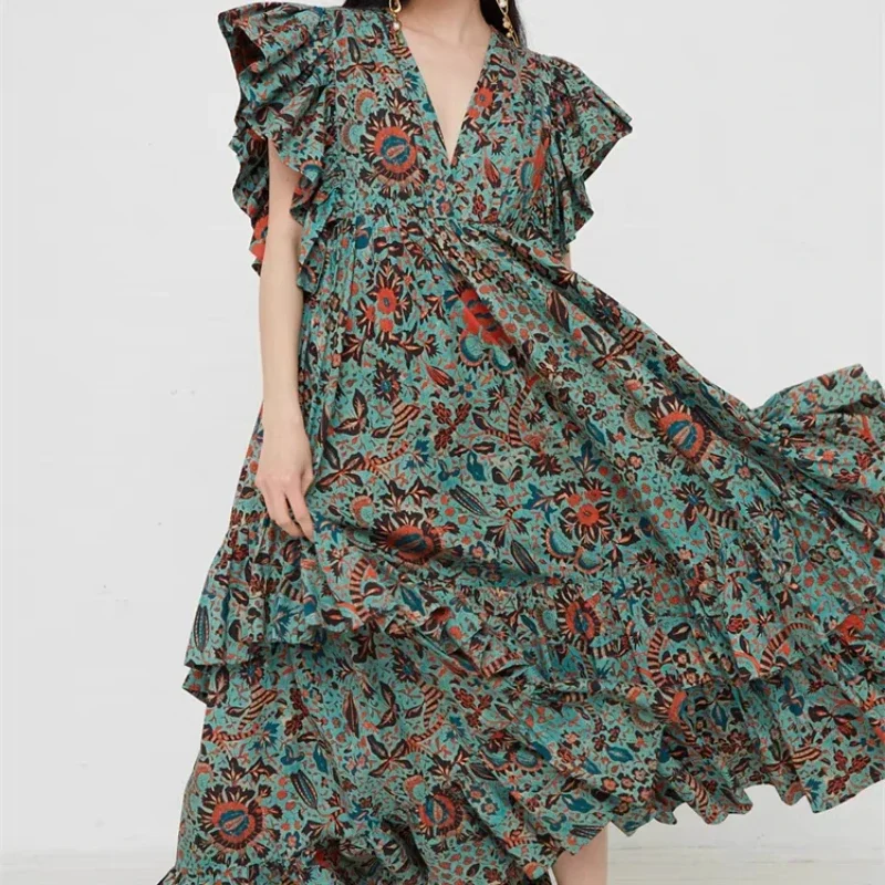 

2023 Summer High Quality Deep-v Cotton-poplin Floral Motif Flouncy Ruffle Trims Maxi Women Dresses